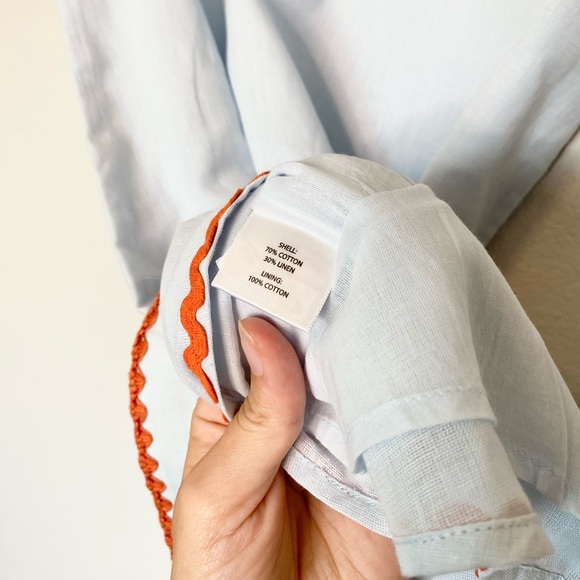 NWT Mason’s Daughter Sky Blue Linen Blend Belted Mini Dress with Red Ric Rac - Picture 4 of 7